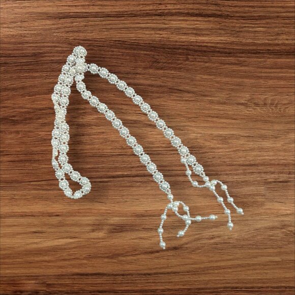 Vintage Style Pearl Beaded Opera Tassel Necklace 44" Handmade  cream - Picture 2 of 5